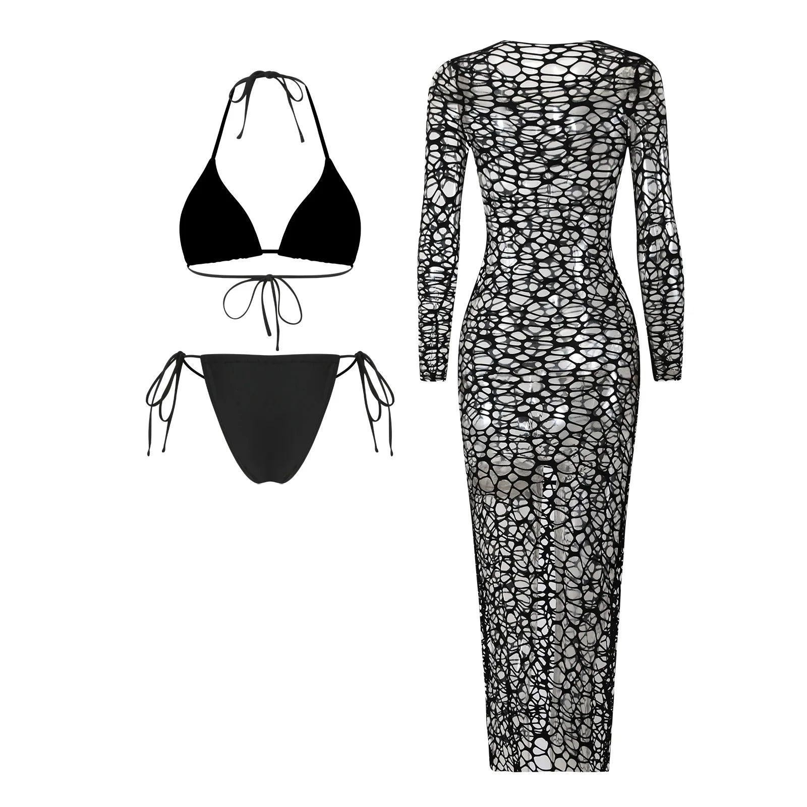 Sexy Hole Out Mesh Long Sleeve Dress 3 Piece Bikini Set 2026 Women Black Push Up Bra Thong Swimsuit Beach Bathing Suit Swimwear