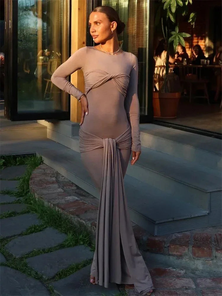 Tossy Female Pleated Sexy Maxi Dress Patchwork Twist Slim Long Sleeve Solid Y2k Autumn Streetwear Dress Women's Bodycon Dress