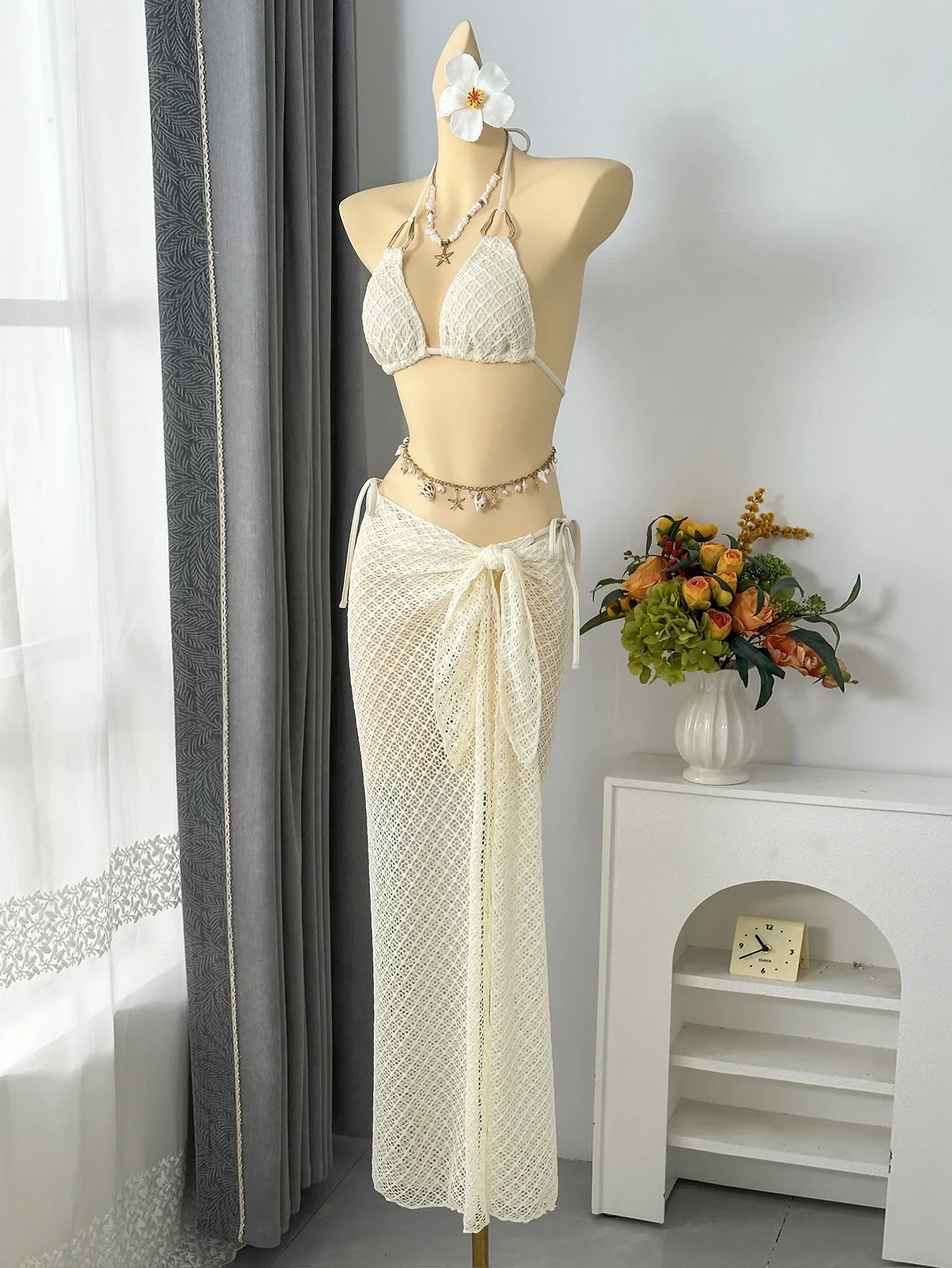Vintage Beige Black Mesh Skirt 3 Piece Bikini Set 2026 Women Metal Chain Strap Push Up Bra Swimsuit Beach Bathing Suit Swimwear
