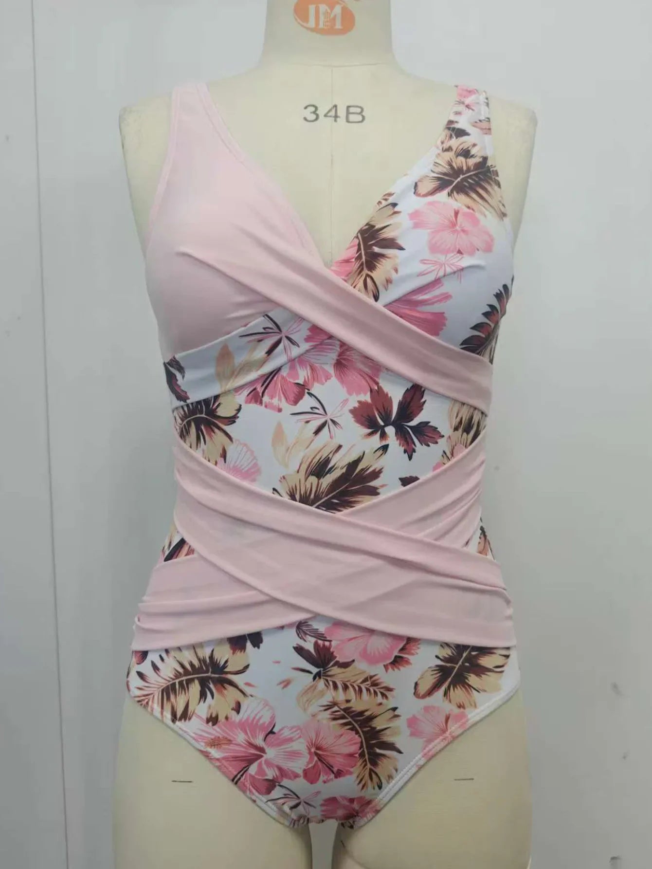 sexy Pink Floral Print Patchwork Swimwear Women 2026 V Neck Cross Tummy Control One Piece Swimsuit Beach Bathing Suit Swimwear
