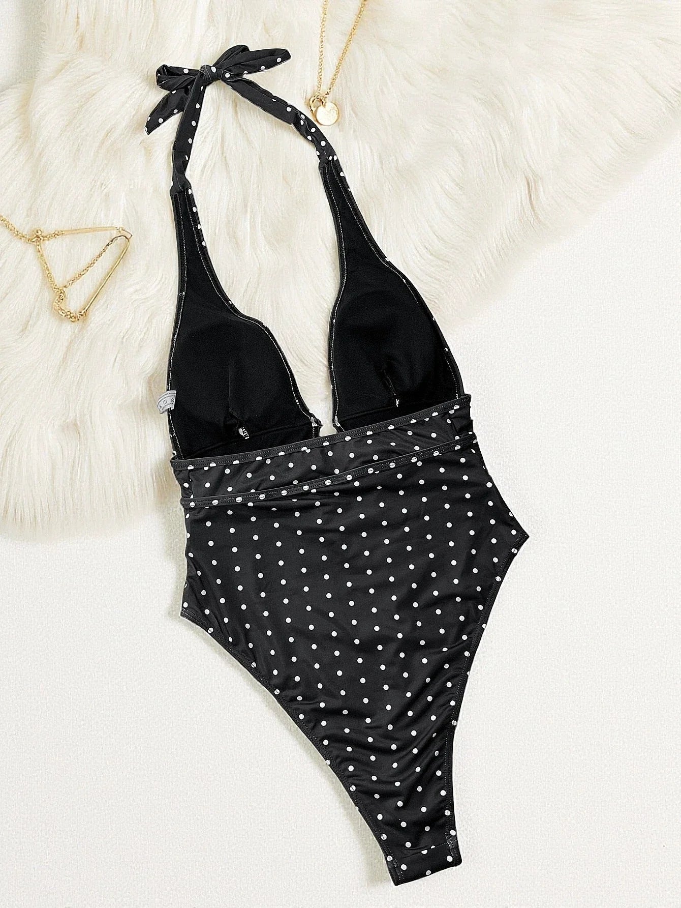Vintage Black Polka Dot Print One Piece Swimsuit 2026 Women Sexy Hollow Out Pearls V Neck Backless Bathing Suit Holiday Swimwear