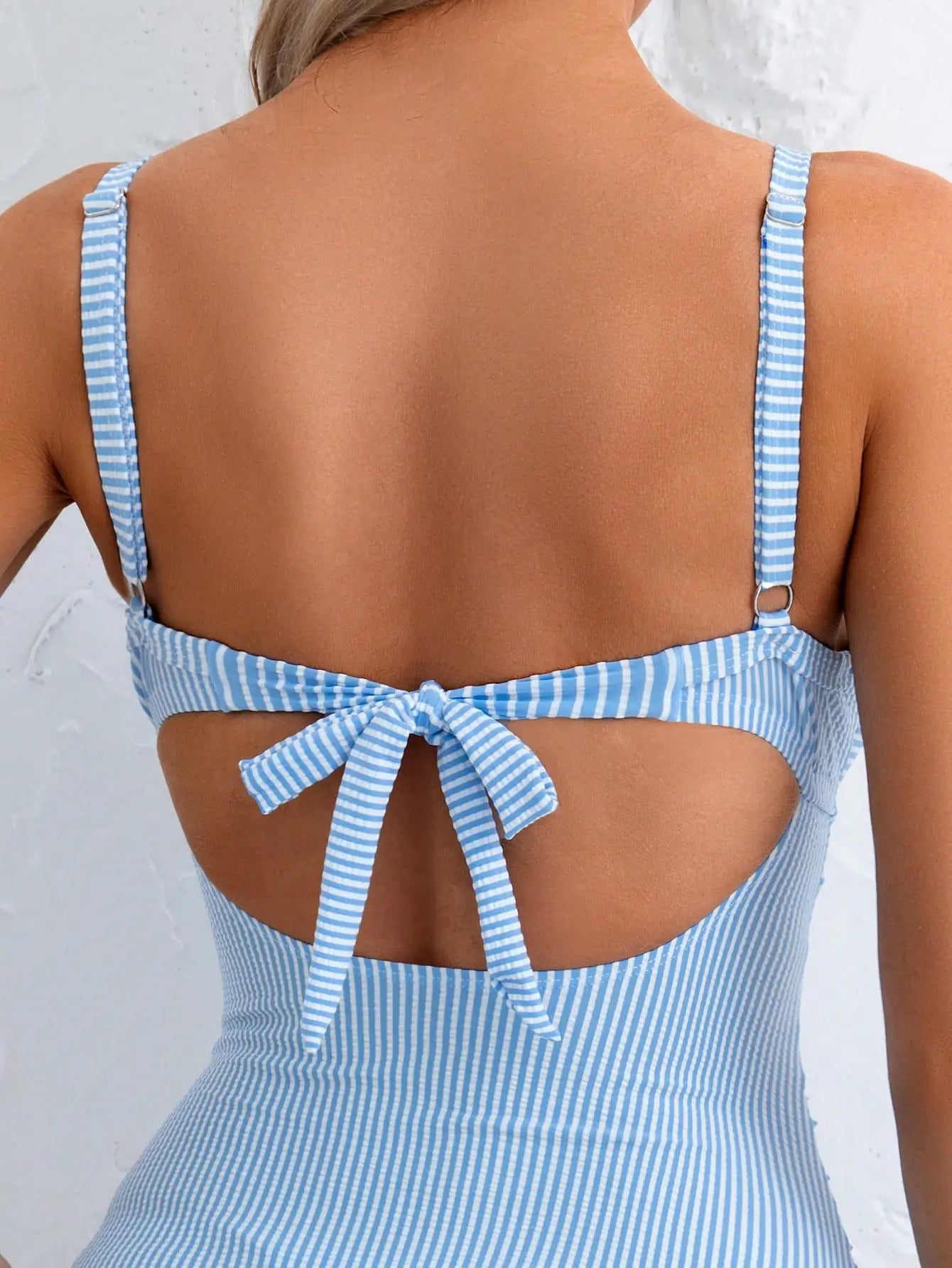 Vintage Sky Blue Striped One Piece Swimsuit 2026 Women Hollow Out Cross Slim Tummy Control Swimwear Beach Holiday Bathing Suit