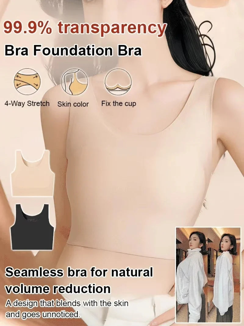 Women's Large Breasts Underwear Wide Shoulder Invisible Corset Antibump Thin Underwear Full Cup Vest Traceless Bra with Bra Pads