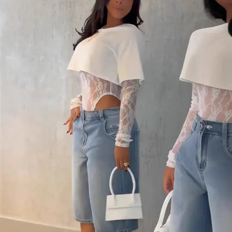 Sexy Women Crop Top+Lace Jacquard Full Sleeve Bodysuit Hottie Street Clubwear Slim Fit Wild Matching Basic Skinny Tees+Jumpsuit