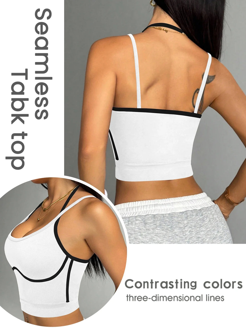 Women's Contrast Trim Halter Crop Cami Top - Sleeveless Ribbed Fitted Yoga Sports Bra Tank Top for Workout Gym Casual