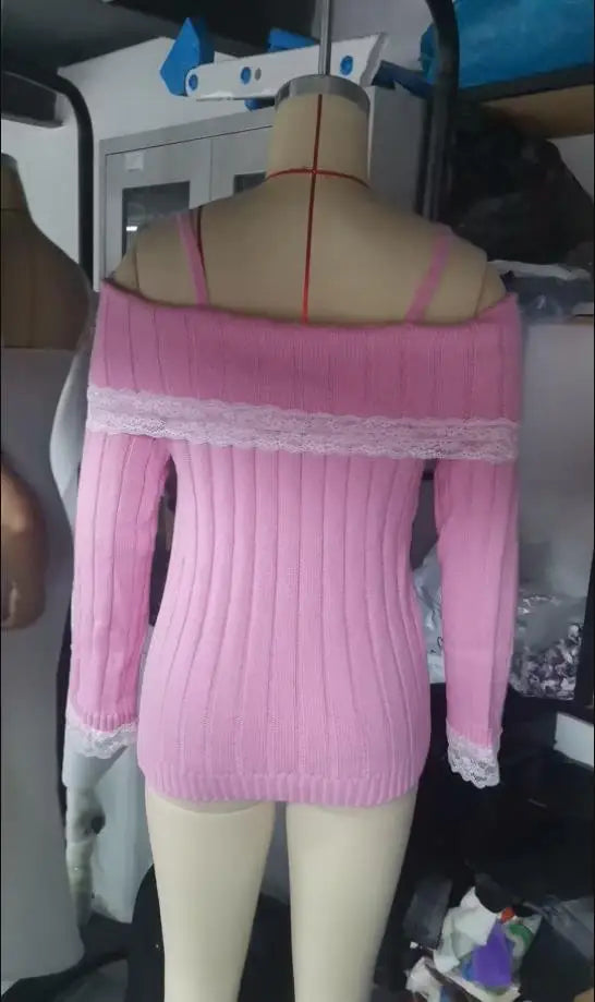 Women Long Sleeve Contrast Lace Knit Pullovers Autumn Winter Cold Shoulder Sweaters Bow Front Jumper Tops Beige/Pink