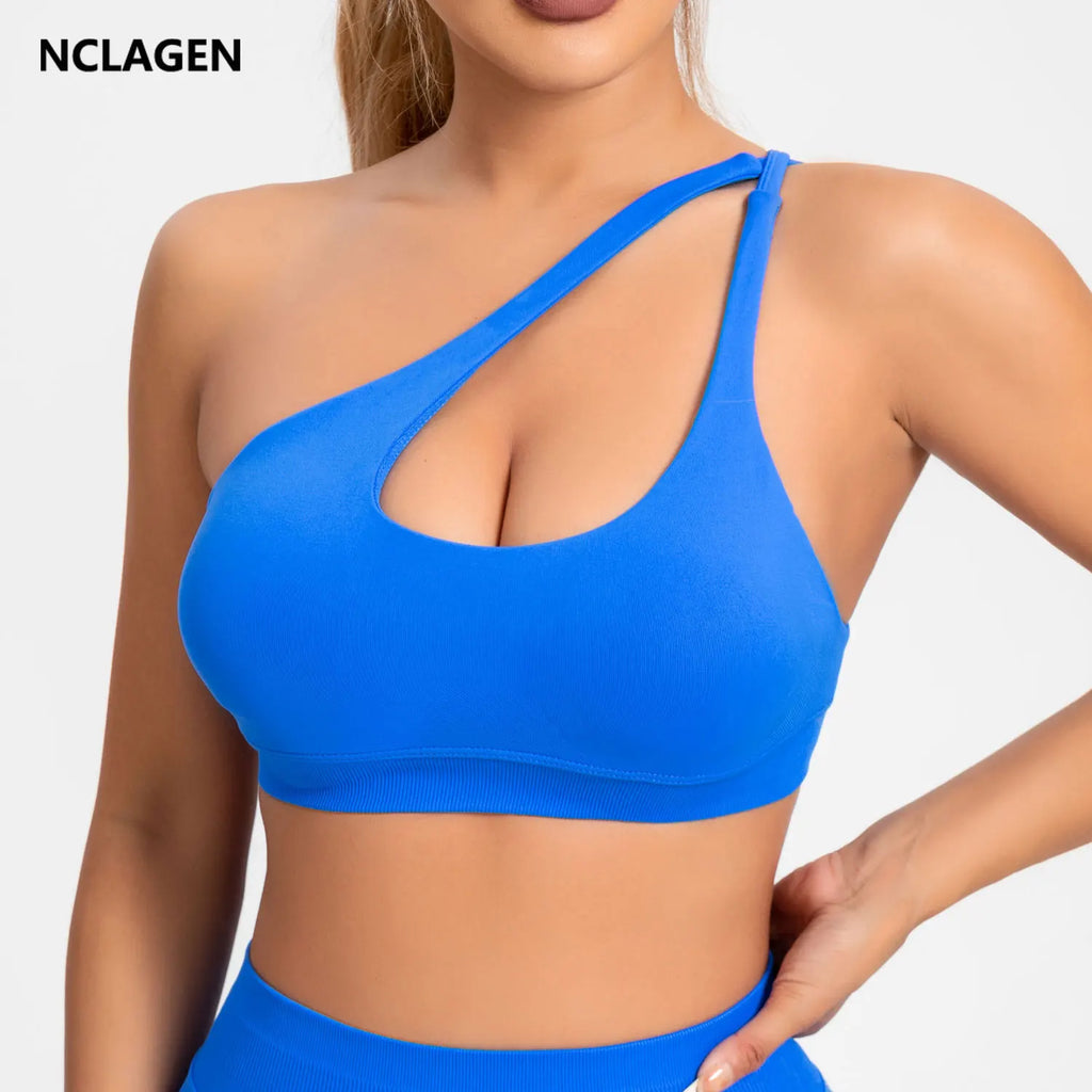 NCLAGEN Asymmetric Sports Bra Gym Top Woman High Support Halter Backless Fitness Speed Activewaer Workout Seamless Underwear