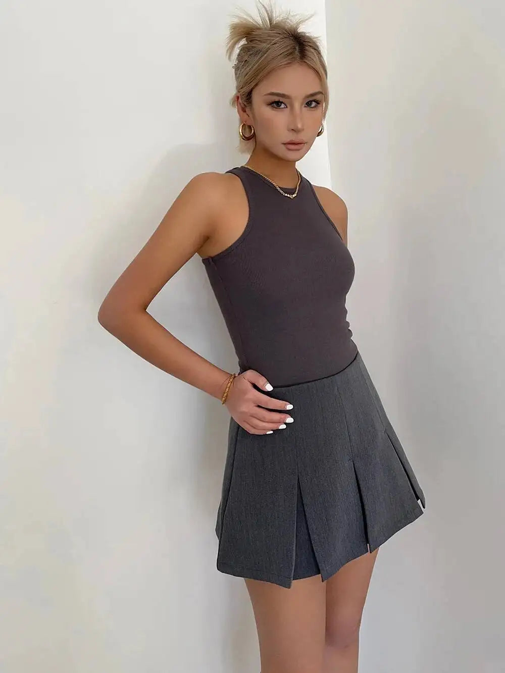 WOMENGAGA American High Street A-line Short Unif School Girl Fairy Grunge Skirt High Waist Pleated Skorts Streetwear Lovely HM2O