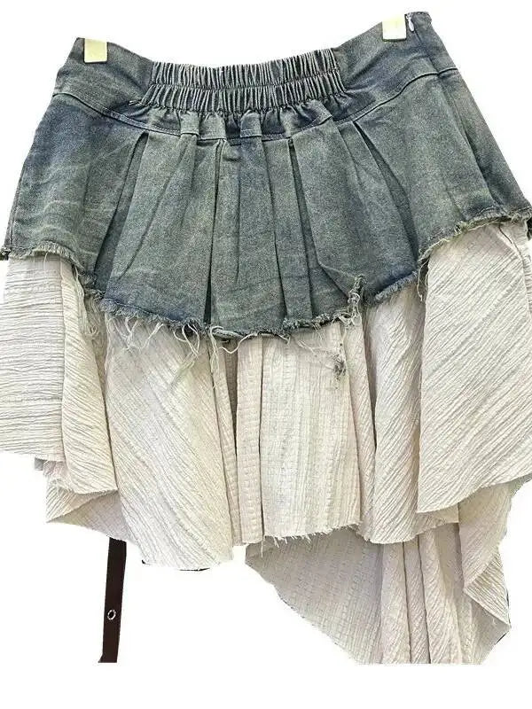 Retro Spliced Denim Pleated Skirt For Women Summer New Temperament Hot Girl Fashionable High Waist A-line Skirt Fashion AS1C