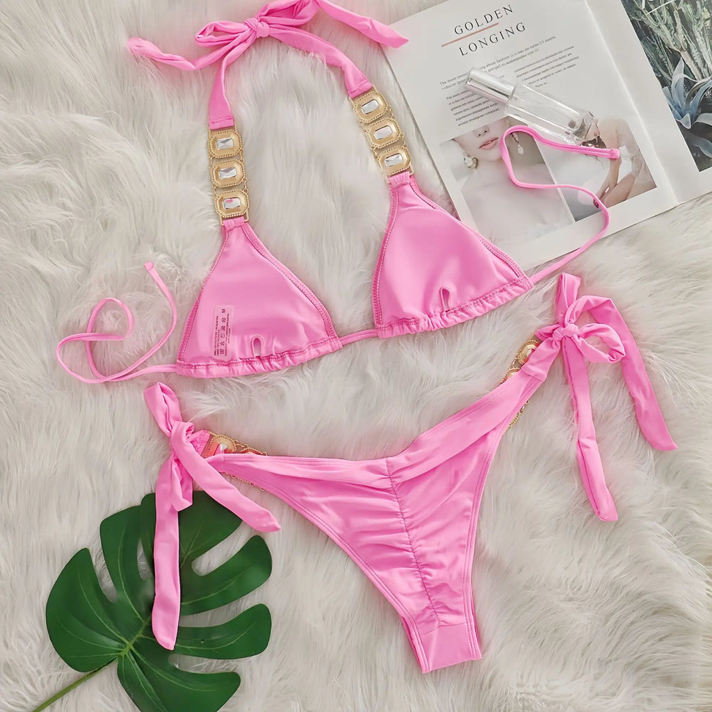 Sexy Rhinestone Bikini Set Women 2026 Luxury Pink Crystal Diamond Push Up Bandage Thong Swimsuit Beach Bathing Suit Swimwear
