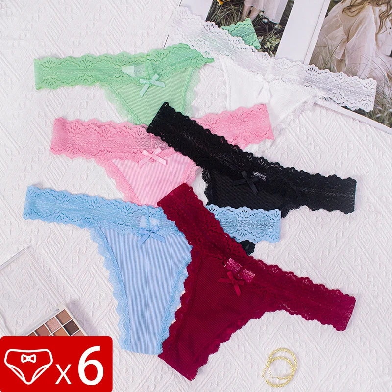 6pcs/Set Perspective Floral Panties Women Lace Thongs Low Waist Comfortable Solid Ladies G-string Bow Female Sexy Underwear