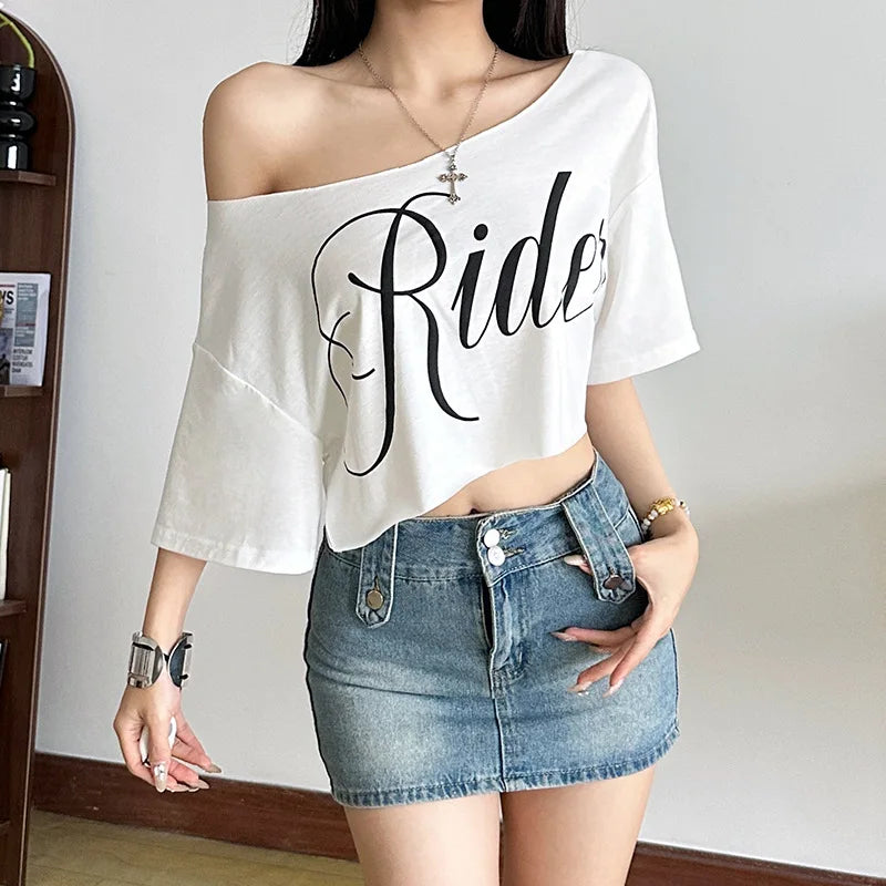 Letter Print Oversized Tees Women Skew Collar Off Shoulders Short Sleeves T-shirt Irregular Hem Hip-hop Style Trend Crop Tops