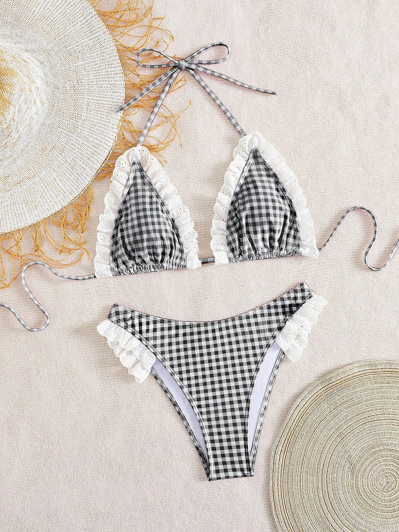 Cute Pink Plaid Print Micro Bikini 2026 Women Ruffles Lace Patchwork Push Up High Waist Swimsuit Bathing Suit Holiday Swimwear