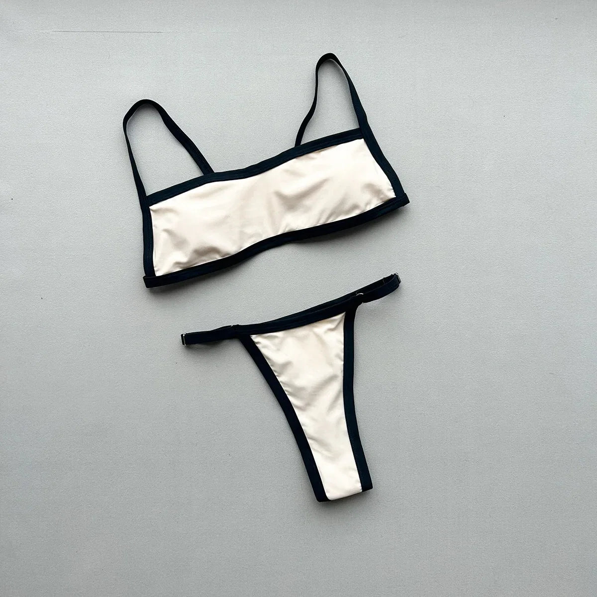 Sexy Beige Black Patchwork Bikini Set 2026 Women Halter Push Up Bra Thong Swimsuit Summer Bathing Suit Holiday Swimwear Biquini