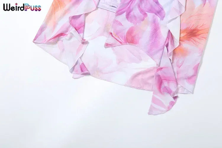 Weird Puss Flower Print Dress Woman Summer Strapless Splits Irregular Tassel Patchwork Backless Bandage Party Skinny Vestidos