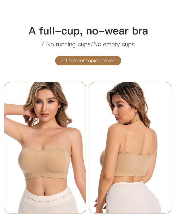 Women's Strapless and Wire-free Bandeau Bra with Full Cup Thin Mold Padding Non-slip Silicone Seamless Bra Plus Size Underwear