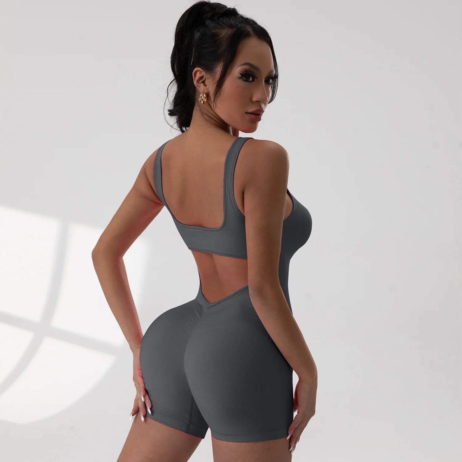 Women's Solid Colour Threaded Backless Yoga Suit U Neck Sleeveless Sports Jumpsuit Stretch Women Bodysuit Without Bust Pads