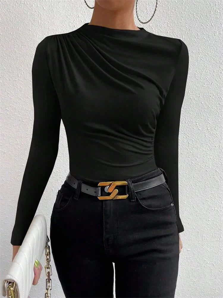 Casual Pleated Mock Neck Long Sleeve T-shirt for Women Autumn Winter Spring Solid Color Ruched Skinny Slim Fit Blouse Top Tshirt