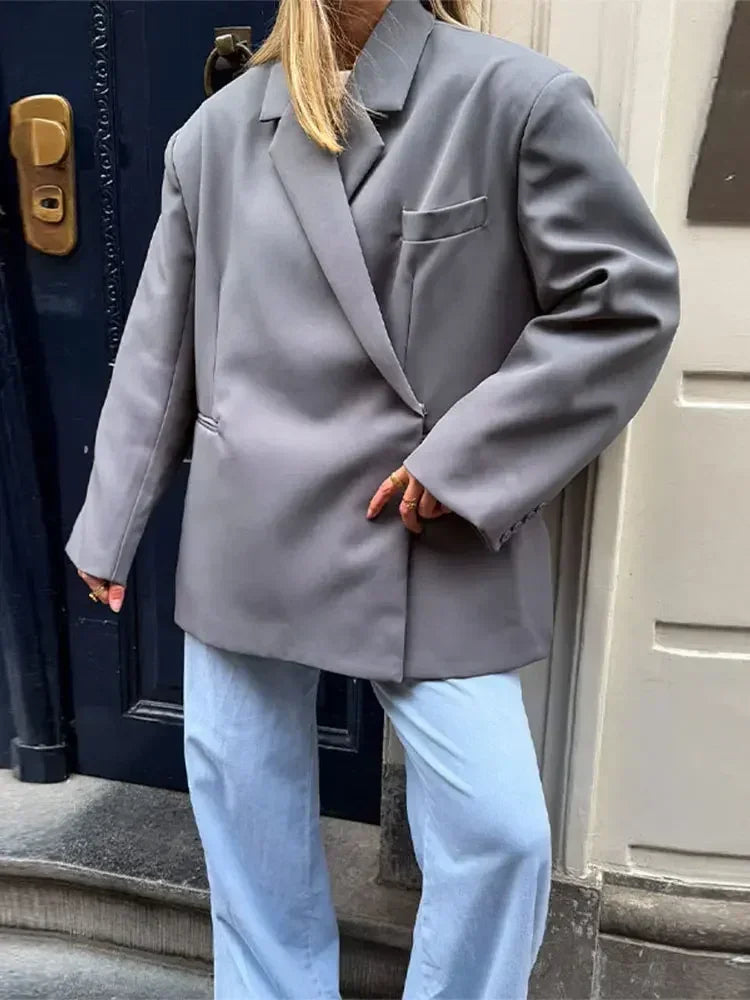Women's V-Neck Side-Buttoned Suit Jacket Long Sleeve Solid Color Coats Pocket Cuffs Oversize Tops High Street Female Clothes