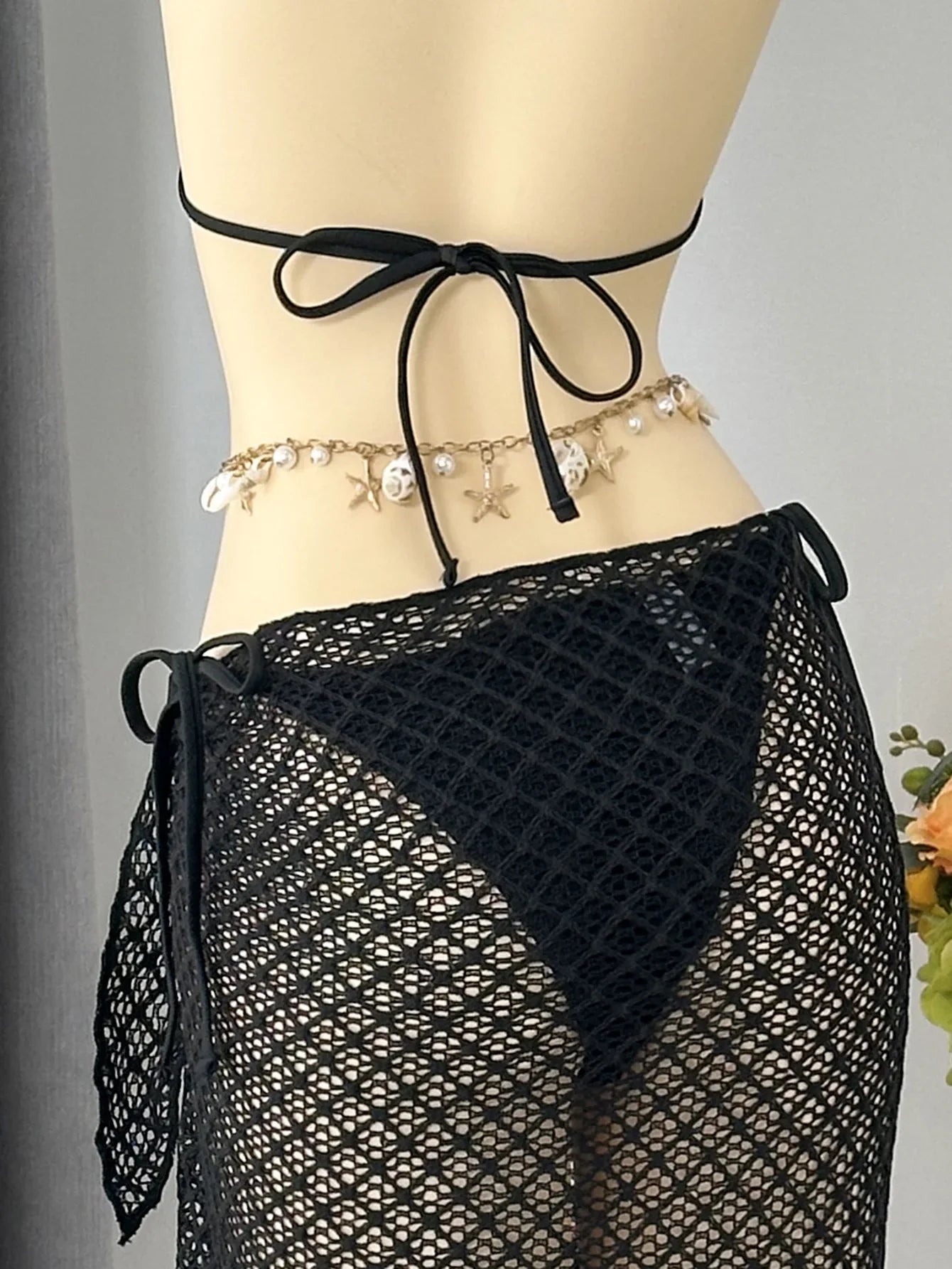 Vintage Beige Black Mesh Skirt 3 Piece Bikini Set 2026 Women Metal Chain Strap Push Up Bra Swimsuit Beach Bathing Suit Swimwear