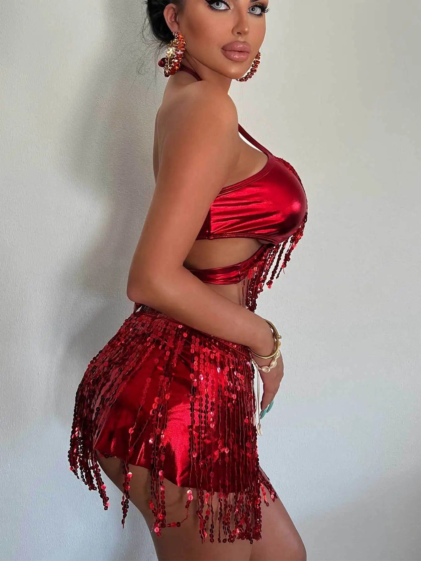 3 Piece Tassel Skirt Bikini Set Women Shiny Sequin White Push Up Cross Swimwear Sexy Silver Cover Up Bathing Suit Swimsuit 2024
