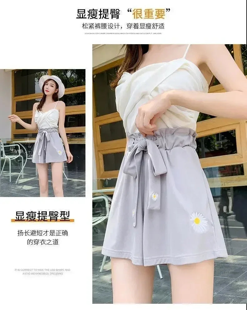 Summer Lightweight Black Casual Sports Pants Women Student Loose High-Waist Wide-Leg Shorts