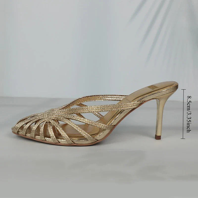 New Gold Hollow Thin Strip Heels for Women Luxury Pointed Toe Heeled Pumps Office Lady Mules Summer Stiletto Shoe Sandals 2025