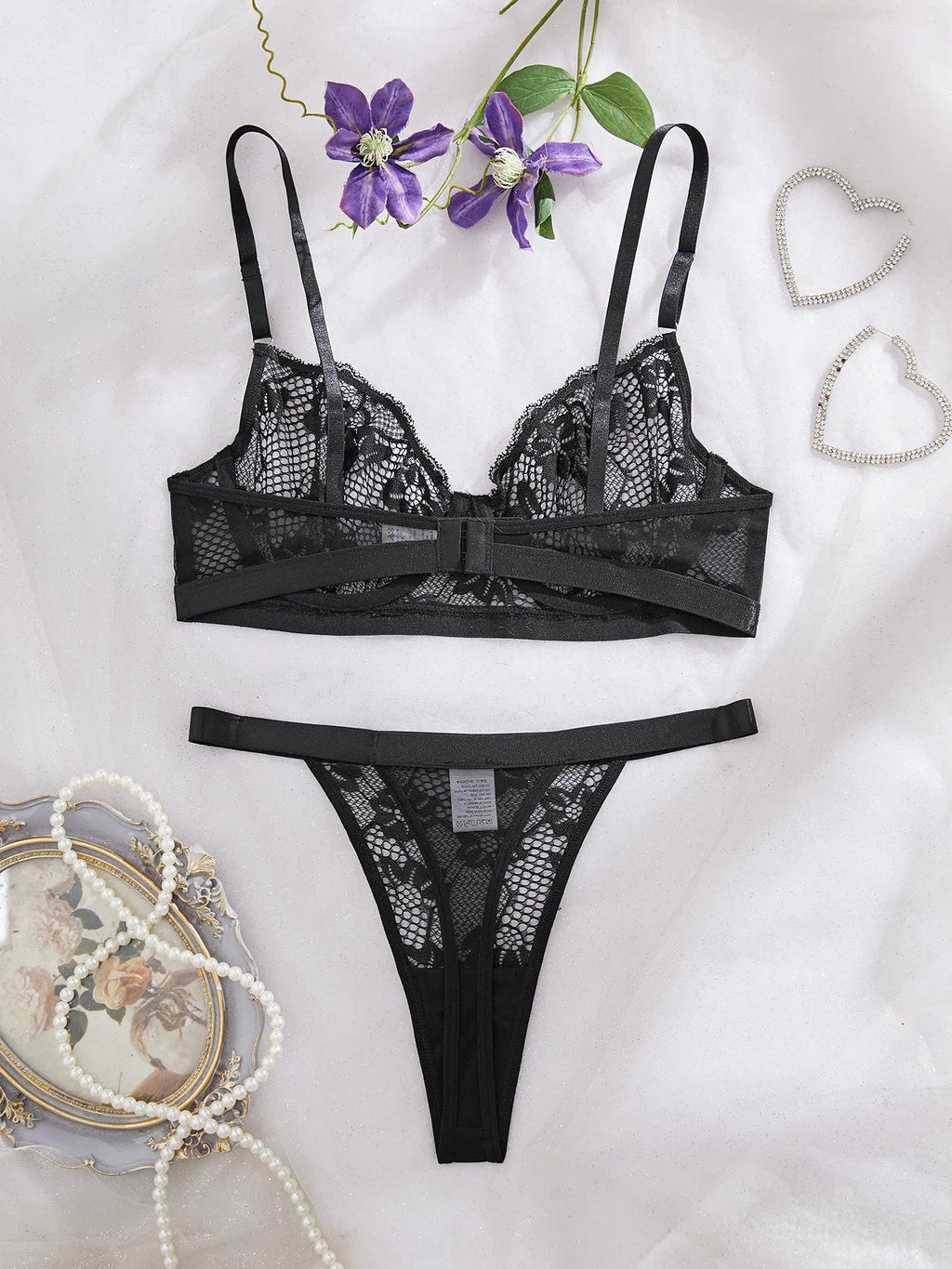 “Women's Black Lace Bra and Thong Set - Sexy Sheer Underwire Lingerie, Floral Embroidery, Seductive Nightwear”