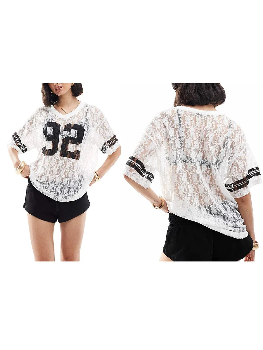 Women Summer Lace Football T-Shirt Casual Number Print See-Through V-Neck Short Sleeve Basic Tops for Streetwear