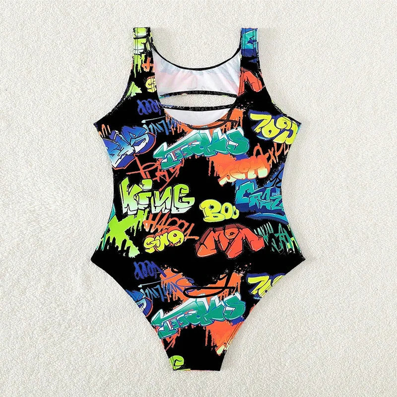 Vintage Yellow Abstract Print One Piece Swimsuit 2024 Women Hollow Out Holiday Bathing Suit Tummy Control Swimwear Beachwear