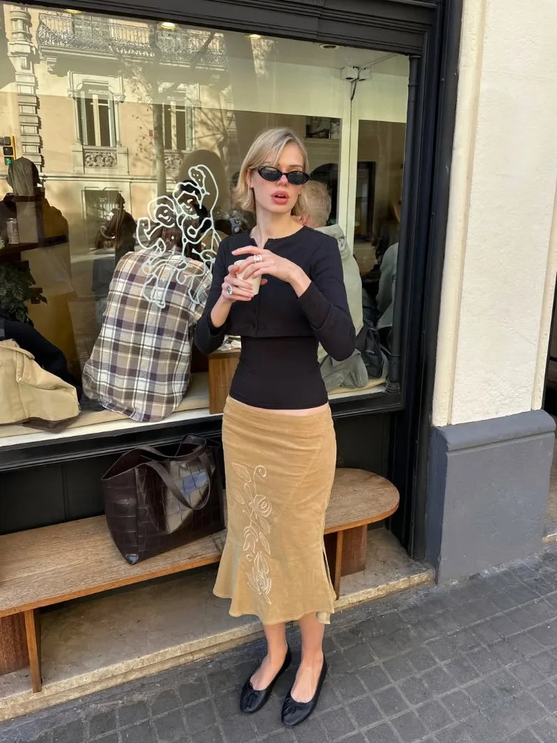 Trendix Women's Vintage Midi Skirt 2026 Summer High Waist Slim Ruffle Fishtail Skirts Party Side Slit Elegant Embroidery Skirt