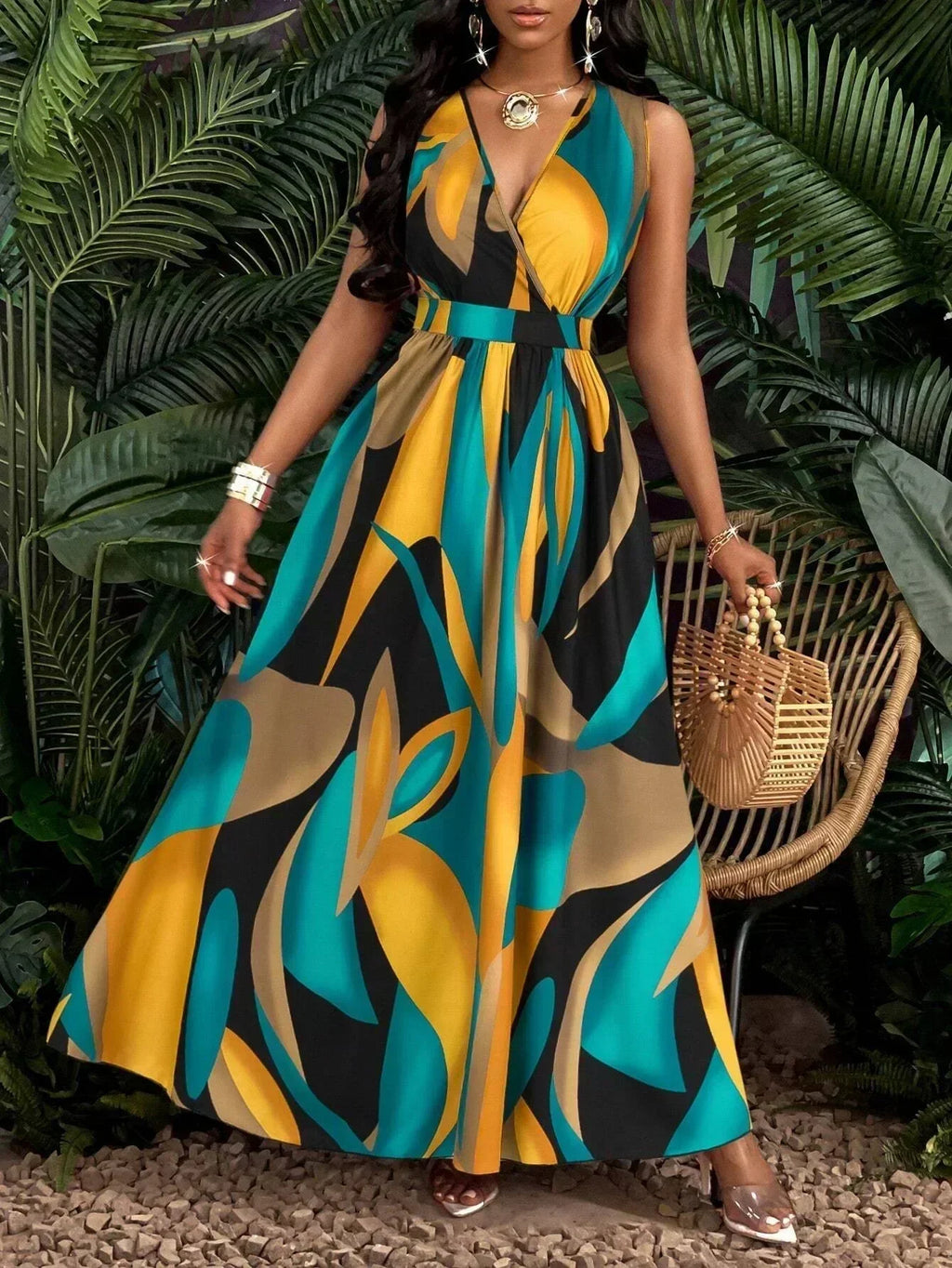 Women's sleeveless V-neck floor-length dress with abstract prints - fashionable for beach and casual occasions