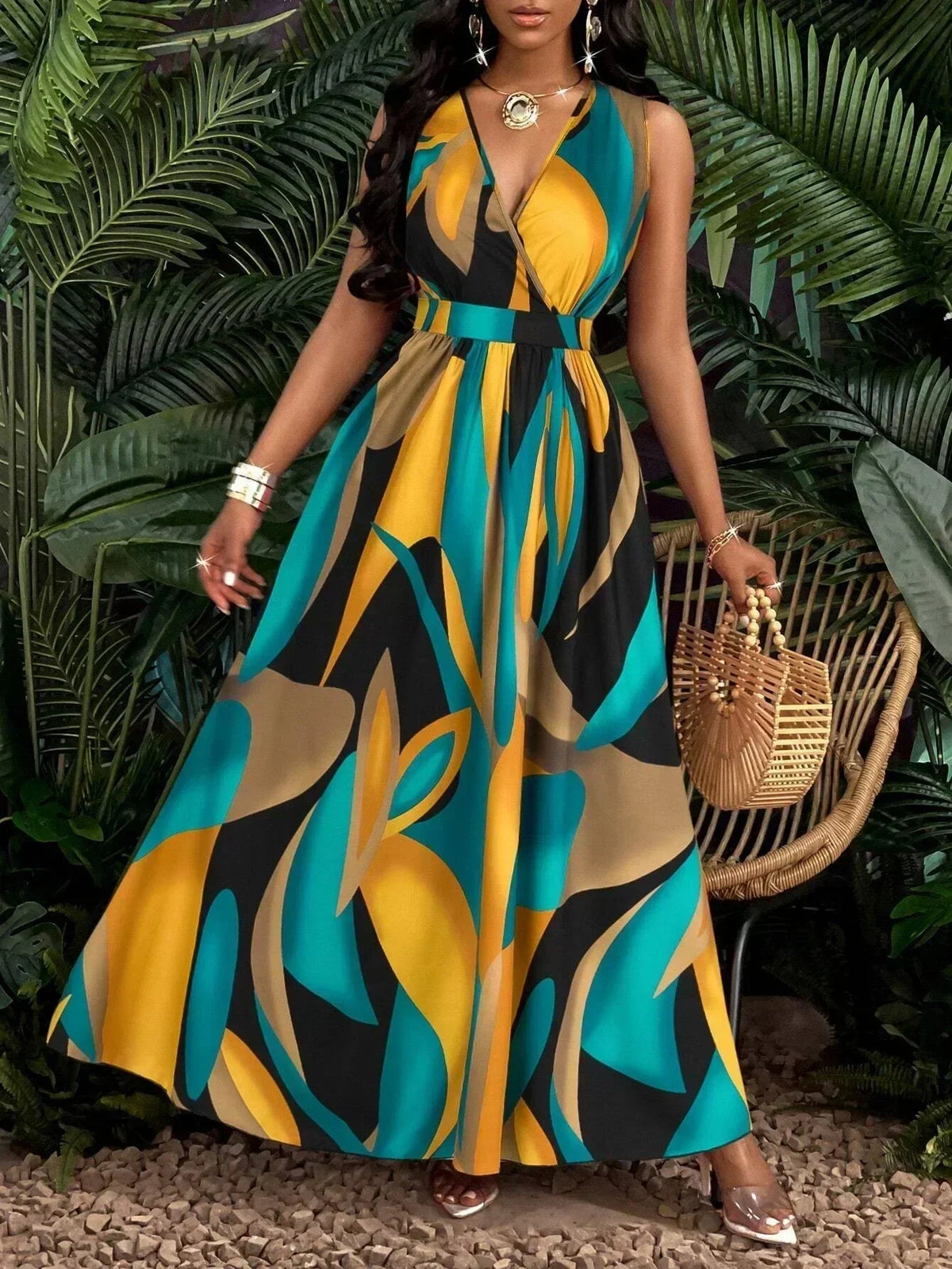 Women's sleeveless V-neck floor-length dress with abstract prints - fashionable for beach and casual occasions