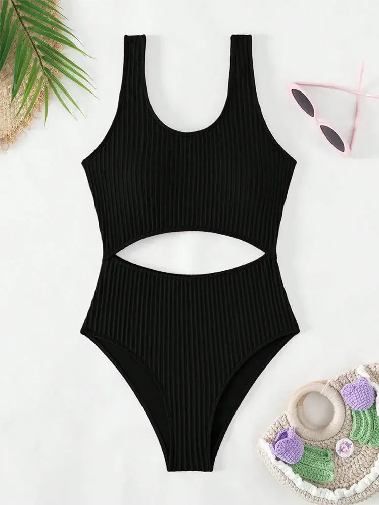 Sexy White One Piece Swimsuit Women New Hollow Out Swimwear 2024 Ribbed Bathing Suit Push Up Monokini Beach Swimming Suit Summer
