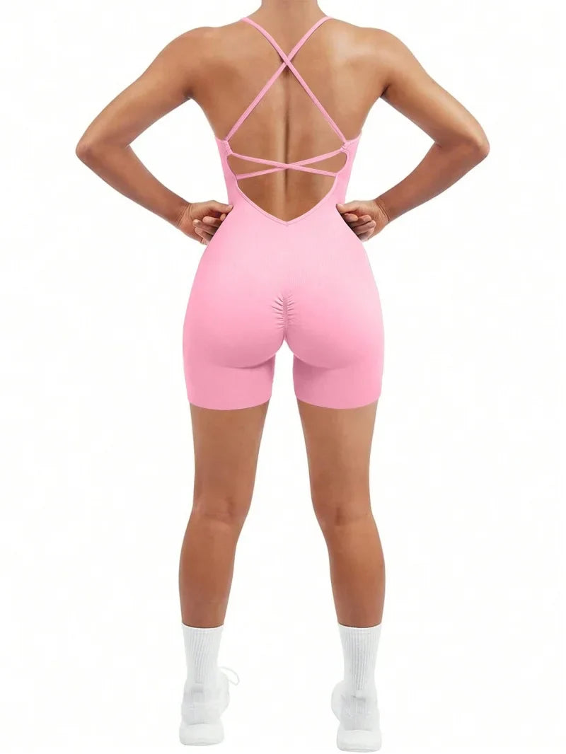 Sexy Fitness Jumpsuit Women Cross Adjustable Sports Playsuit Running One Piece Yoga Suit Scrunch Shorts Backless Set Romper