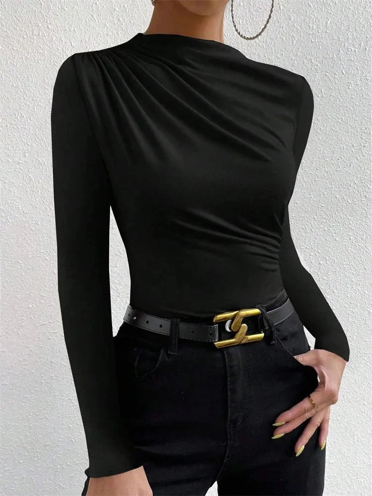 Casual Pleated Mock Neck Long Sleeve T-shirt for Women Autumn Winter Spring Solid Color Ruched Skinny Slim Fit Blouse Top Tshirt