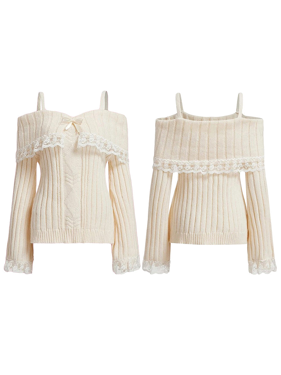 Women Long Sleeve Contrast Lace Knit Pullovers Autumn Winter Cold Shoulder Sweaters Bow Front Jumper Tops Beige/Pink