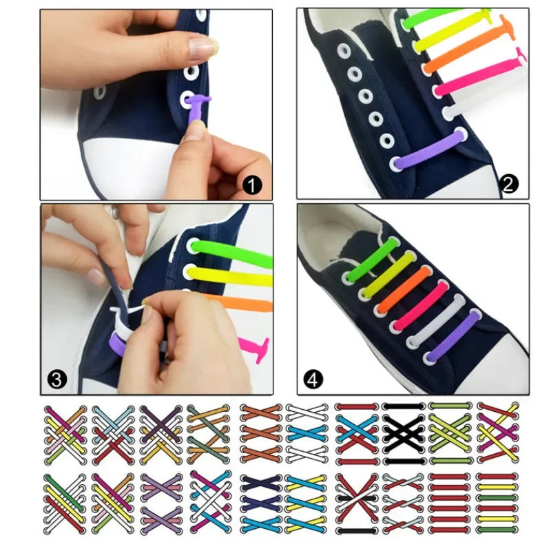16pcs Lazy Shoelace Silicone Quick Lace Elastic Women Men No Tie Kids Adult Sneakers Lacing Shoelace Buckle Shoes Accessories