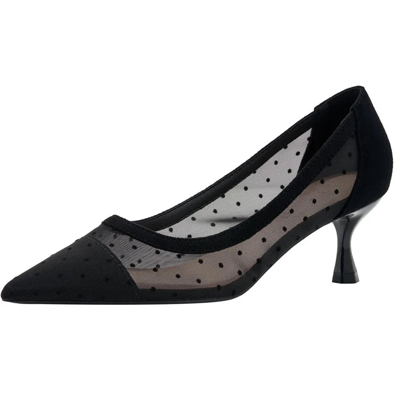 maogu Black Women Pointed Toe High Heel Work Shoes Dot Mesh Vintage Elegant Shallow Stiletto 2023 Spring Summer Thin Heels Pumps