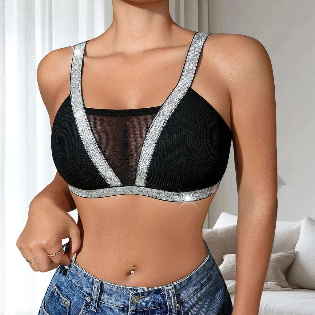 1pcs Fashion New Style Bras Silver Satin Women's Underwear Wire-Free Padless Bras Elegant Lady Bra Comfortable Sexy Lingerie