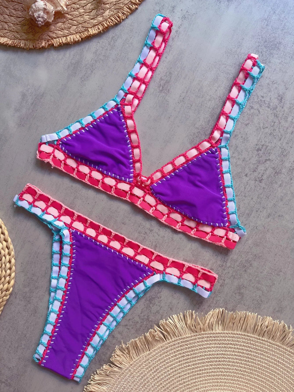 Sexy Black Patchwork Hand Crochet Bikini Set Women 2026 V Neck Push Up Bra Thong Swimsuit Beach Bathing Suit Knitted Swimwear