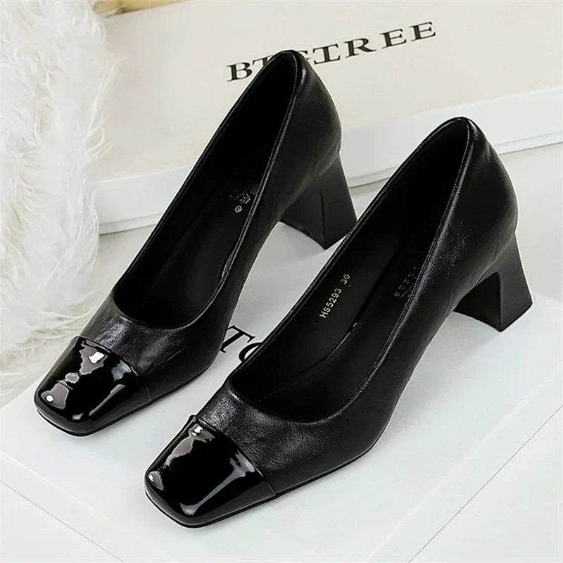 BIGTREE Fashion Patent Leather Women's Pumps Square Toe Stripper Elegant Party Vintage Spring Ladies Shoes Zapatos Mujer