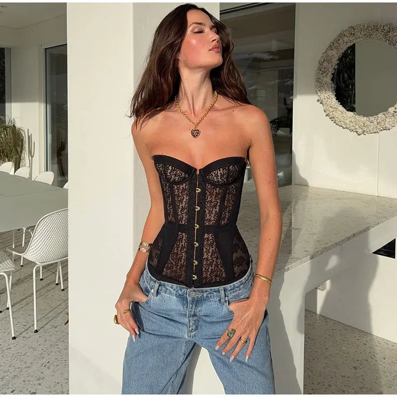 Spicy Girl Sexy Tight Corset Sexy Lace Hollow Out Sleeveless Strapless Tube Top 2025 Summer Fashion Women Street Trendy Tanks