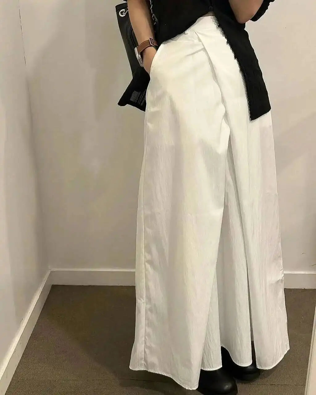 Loose Knee-Length A-Line Skirt Versatile Minimalist Design Commute High Waist Midi Pure Color Polyester Fiber Skirt WDM4