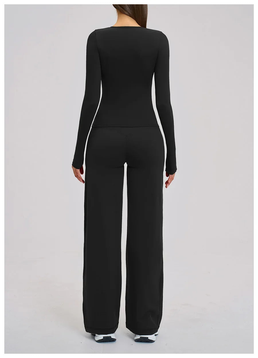 Yoga Set 2 Pieces Women Fitness Sportswear Gym Loose wide-leg pants Long-sleeved T-shirt Sports Crop Tops Tracksuit Workout Wear