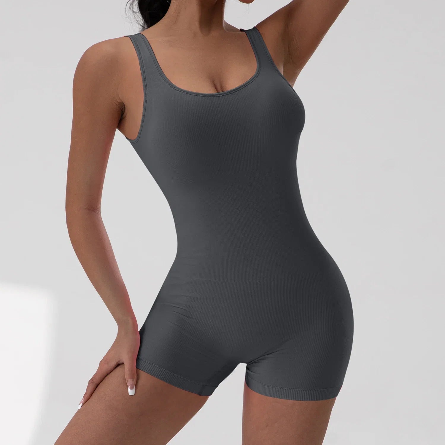 Women's Solid Colour Threaded Backless Yoga Suit U Neck Sleeveless Sports Jumpsuit Stretch Women Bodysuit Without Bust Pads