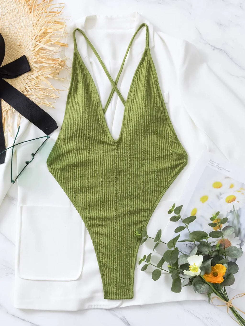 One Piece Swimsuit Women 2024 Sexy Deep V Neck Ribbed Tummy Control Swimwear Brazilian Hollow Out Backless Bathing Suit Monokini