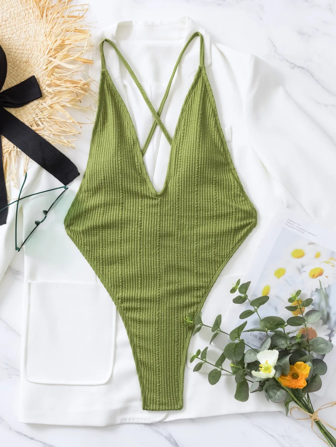 One Piece Swimsuit Women 2024 Sexy Deep V Neck Ribbed Tummy Control Swimwear Brazilian Hollow Out Backless Bathing Suit Monokini