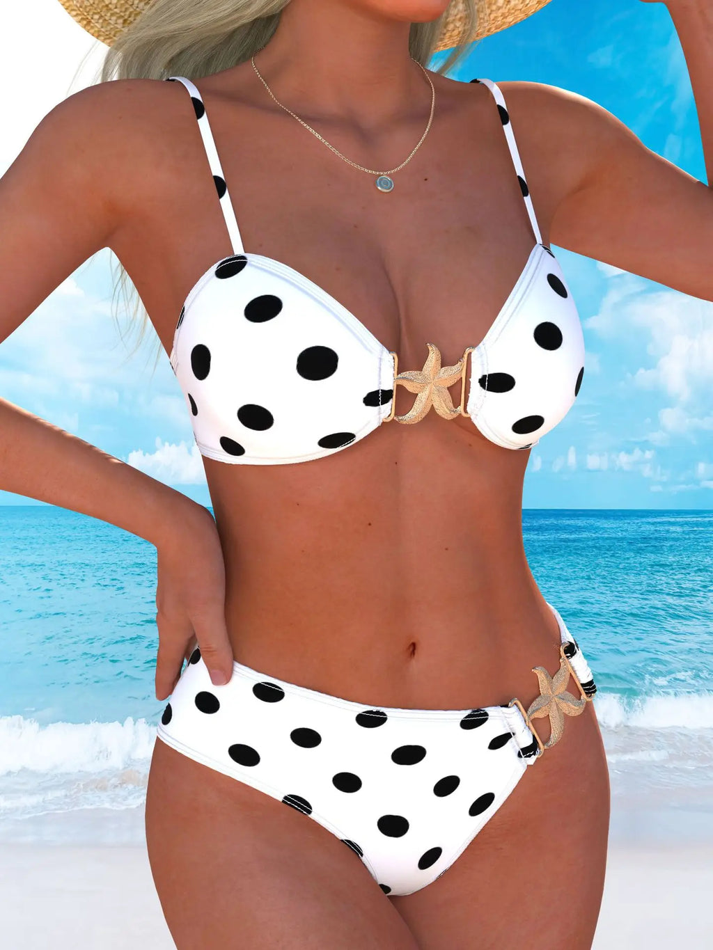Sexy White Polka Dot Print Bikini Set 2026 Women Metal Starfish Push Up High Waist Swimsuit Beach Holiday Bathing Suit Swimwear