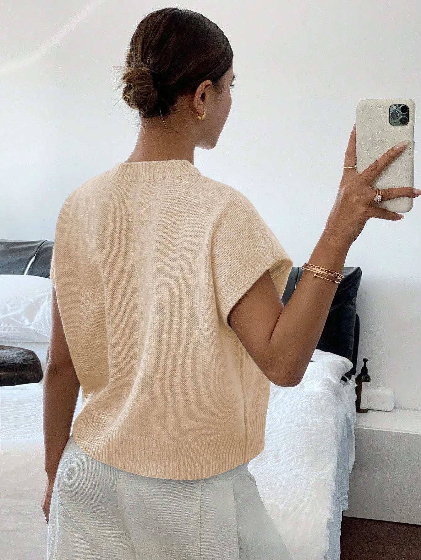Women's Elegant Short Sleeve Knit Sweater Casual O-Neck Straight Dropped Shoulders Comfort Sweater Vest Spring/Fall